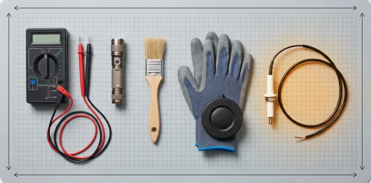 Technician tools and a new range burner igniter laid out on a work mat