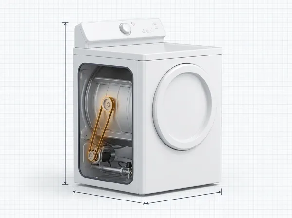 US front-load dryer with the side panel cut away to show the drum belt and idler pulley