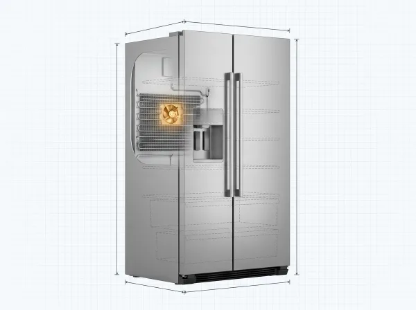 Side-by-side fridge with the rear panel cut away to show the evaporator fan
