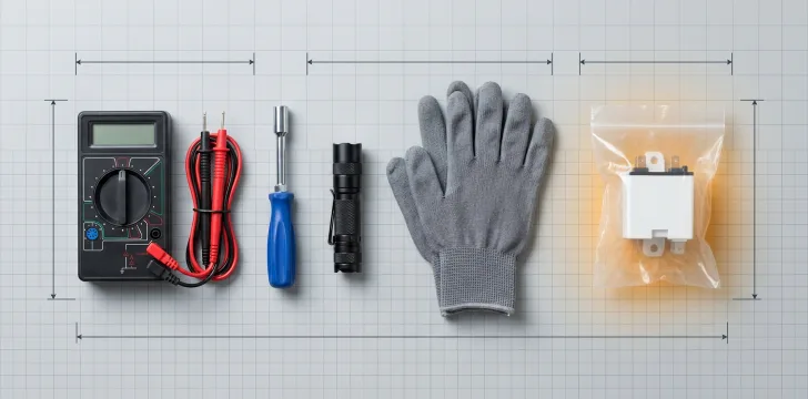 Technician tools and a new fridge start relay laid out on a work mat
