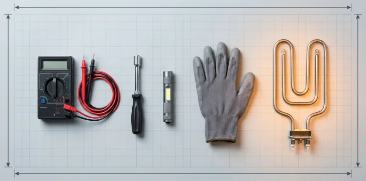 Technician tools and a new dishwasher heating element laid out on a work mat
