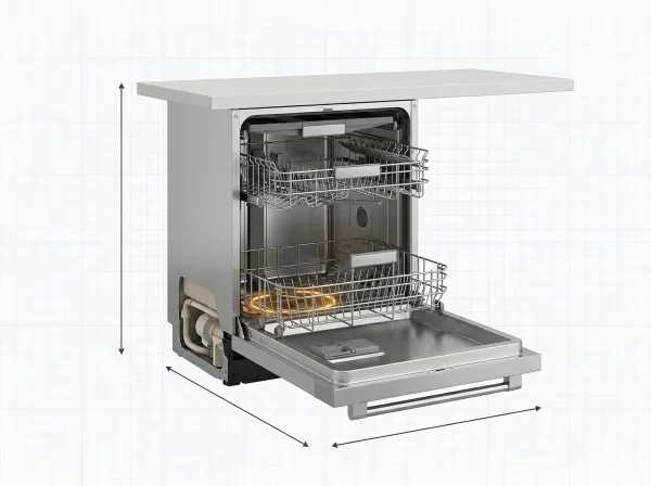 Open built-in dishwasher with the bottom of the tub cut away to show the heating element