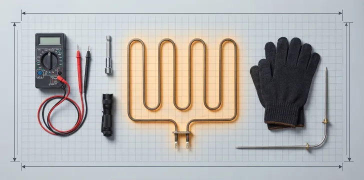 Technician tools and a new oven bake element laid out on a work mat