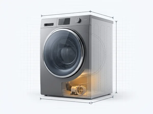 Front-load washer with the lower front panel cut away to show the drain pump
