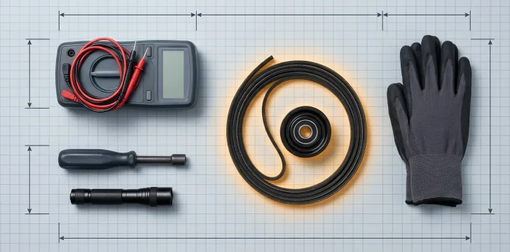 Technician tools and a new dryer drive belt and idler pulley laid out on a work mat